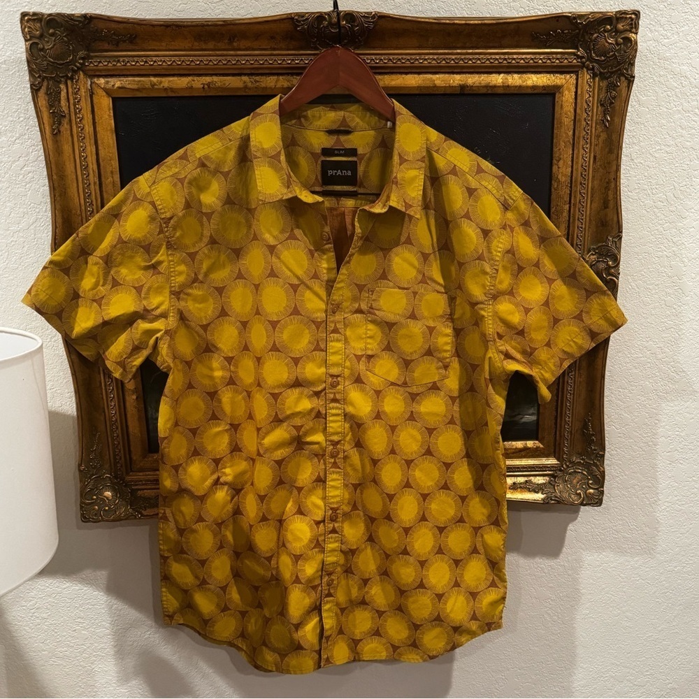 PRANA Yellow Colorful Summer Slim Fit Organic Cotton Short Sleeve Button Down XL - Picture 2 of 7